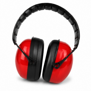 Red and black over-ear hearing protection earmuffs with adjustable padded headband