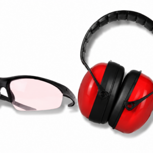 Clear shooting safety glasses beside red over-ear hearing protection earmuffs