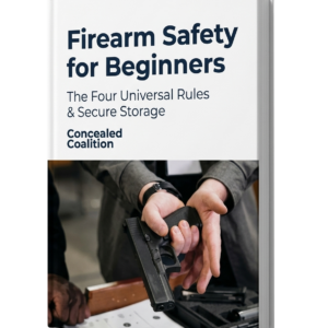 Firearm Safety for Beginners ebook cover showing a firearms instructor demonstrating proper handgun handling