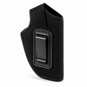Black clip-on concealed carry holster with metal belt clip